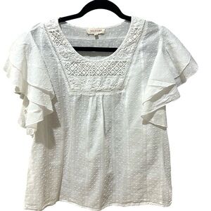 Solitaire White Boho  Top Flutter Sleeve Lace Blouse SZ XL EUC